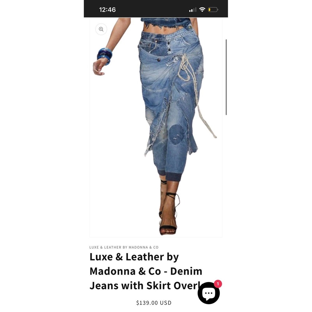Madonna & Co Denim Jeans W/ Skirt Overlay XL Distressed Cinched Ankle $139 MSRP - Picture 2 of 12